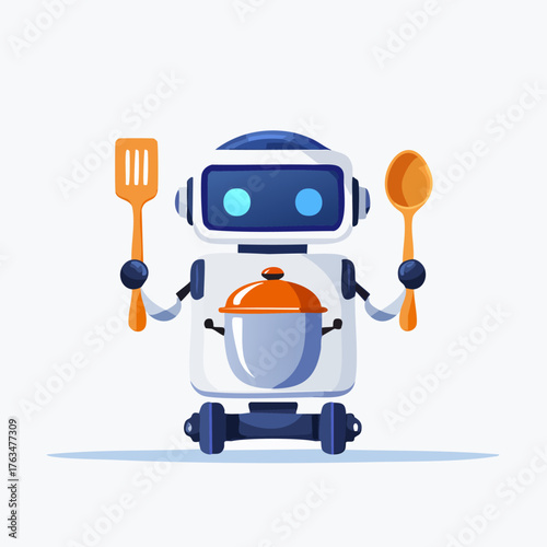 Robot Chef Holding Kitchen Utensils and Cooking Pot.