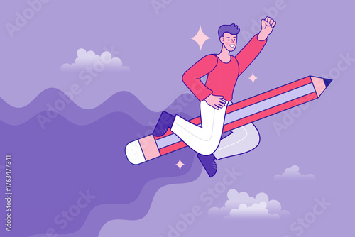 A creative man flies on a giant pencil rocket, symbolizing a successful idea taking flight. This represents creative writing, imagination, inspiration, and achieving educational or business goals.