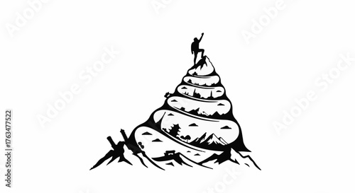 Triumphant climber reaches summit of surreal, layered mountain peak