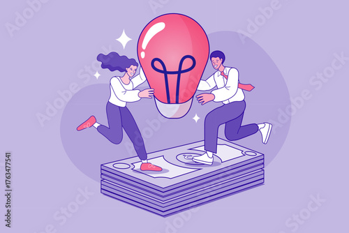 A business team, a man and woman, collaborate on a big idea. They run together holding a giant lightbulb over a stack of cash, symbolizing a successful startup, financial profit, monetizing innovation