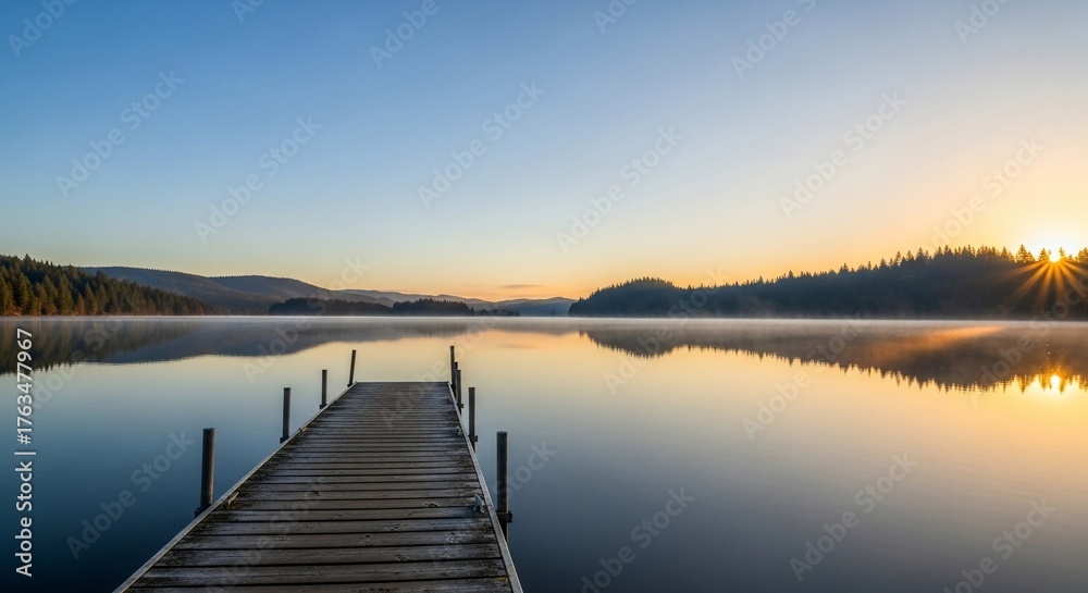 Obraz premium Wooden dock at tranquil lake at sunrise