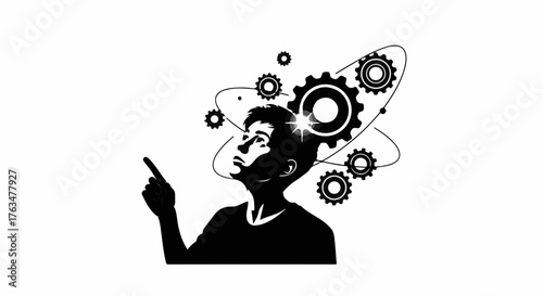 Young person with innovative ideas and mechanical gears in mind, symbolizing creativity and problem-solving.
