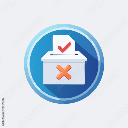 Voting box illustration with checkmark and cross symbol in blue circle.