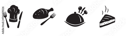 A collection of black and white icons featuring various foods like dumplings, noodles, and a burger, alongside chopsticks and gears, vector illustration.