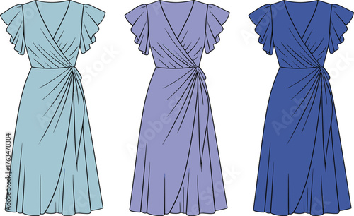 V-neck dresses, flutter sleeves, gathered waist, A-line skirt, fashion illustration, color variation, casual style, knee-length, flat design, garment comparison