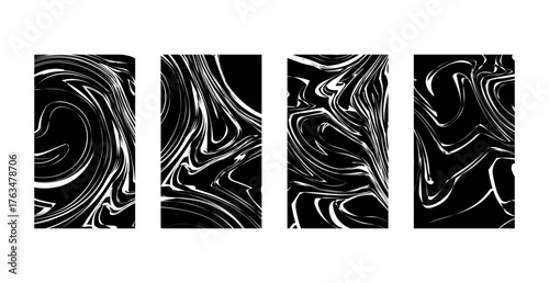 Abstract black and white wavy background set featuring fluid marble-style patterns. Perfect for modern design projects, posters, web backgrounds, or minimal art compositions.