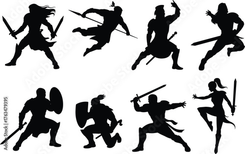 Warrior silhouettes, combat poses, sword and shield, fantasy battle, medieval fighters, black figures, dynamic motion, action stance, white background, heroic design