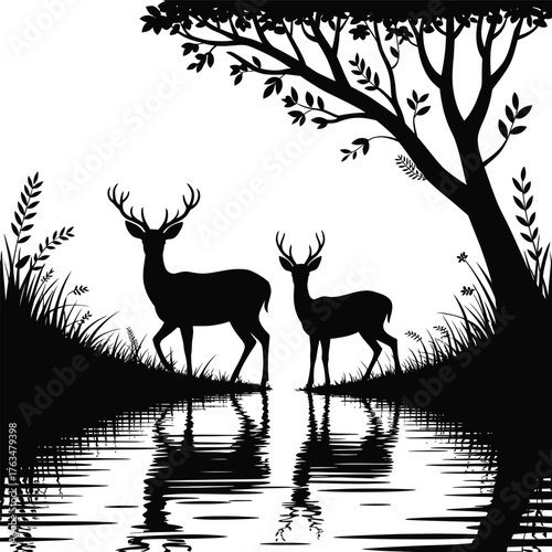 Serene deer river forest reflection silhouette nature scene