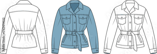 Women’s belted jacket vector illustration, front and back view with collar, flap pockets and buckle belt, fashion CAD flat sketch