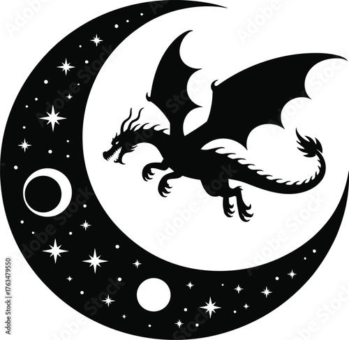 Mystical dragon soaring past a crescent moon and stars silhouette