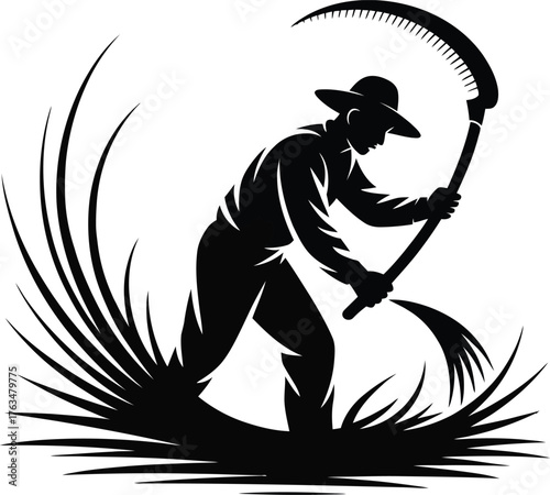 Farmer harvesting hay with a scythe agricultural scene silhouette