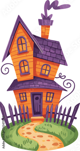 Whimsical crooked house illustration, cartoon fantasy home with tilted levels, funny architecture artwork, fairy-tale design, imaginative vector background