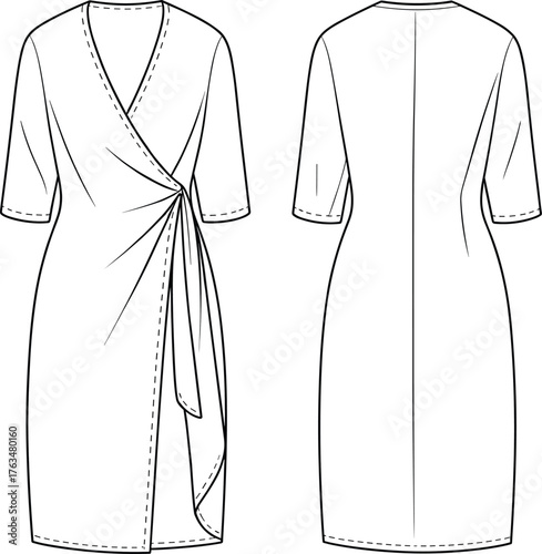 Women’s dress vector illustration, front and back view, wrap style with draped detail and elbow sleeves, fashion CAD drawing, apparel flat sketch