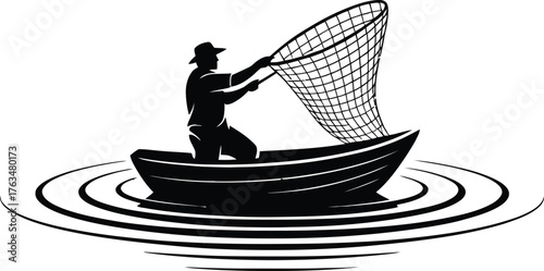 Fisherman s boat with a fishing net depicted in a striking silhouette style
