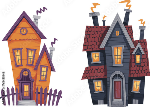 Whimsical fantasy houses illustration, cartoon crooked homes with glowing windows and chimneys, funny architecture artwork, fairy-tale design, imaginative vector background