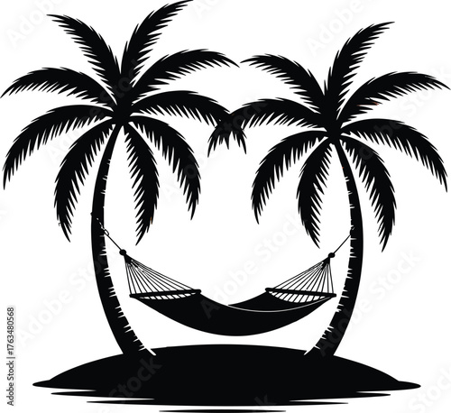 Tropical island hammock between palm trees silhouette at sunset