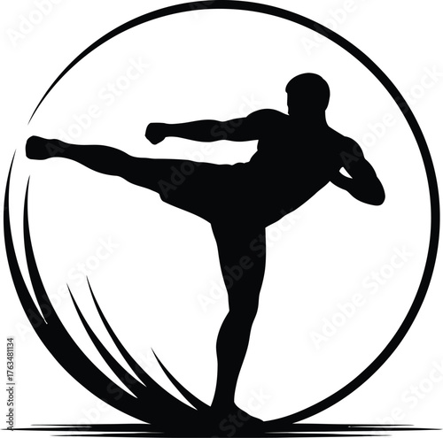 Dynamic martial arts high kick silhouette in a vibrant circle