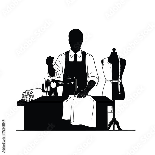 silhouette of a tailor and sewing machine
