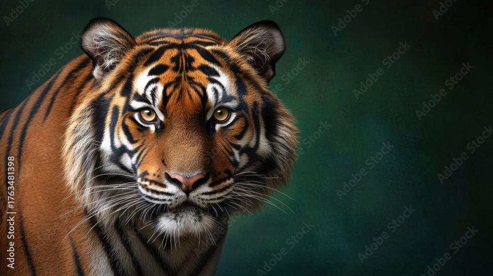 Fototapeta premium Majestic tiger portrait showcasing striking features and intense gaze against a rich green background