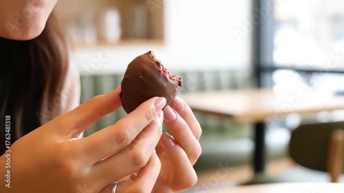 Sweet indulgence captured in a close up video of a hand holding a perfectly chocolate coated strawberry with a fresh bite taken from the juicy fruit showing 