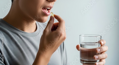 Close up of a person taking a vitamin capsule with a glass of water emphasizing health and wellness routines