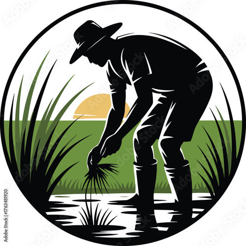 Silhouette of a farmer in a rice field at sunset with a circular frame