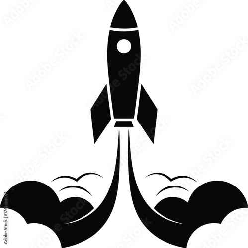 Silhouette of a rocket launching with a prominent smoke trail against a dark background