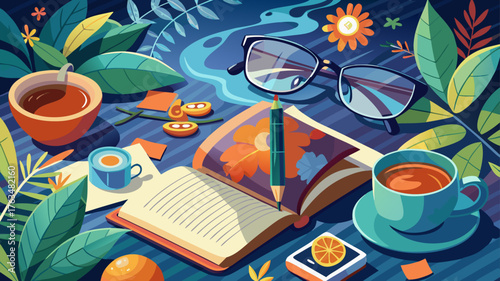 Very beautiful top view of a steaming cup of tea beside an open journal and eyeglasses, evoking relaxation, mindfulness, and peaceful moments of self-reflection.
