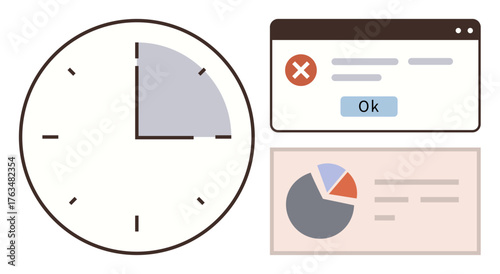 Clock highlighting time passage, error dialog box with confirmation button, and analytics pie chart. Ideal for project management, time tracking, task prioritization, productivity, data analysis