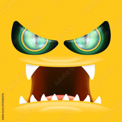 Orange monster face with gleaming green eyes and huge fangs emerges. Happy Halloween backdrop for your spooky holiday card designs with orange monster face