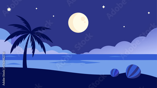 A night beach scene with moon and palm tree view
