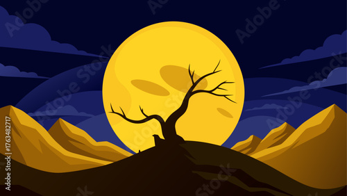 A tree silhouette against a yellow moonlit sky