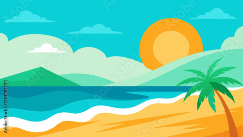 Illustration of a beach with palm tree and sun set