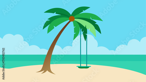 Palm tree with swing on a tropical beach scene