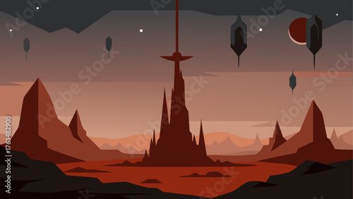 Illustration of a landscape with mountains and tower
