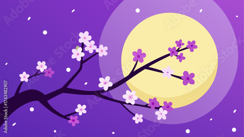 Branch with flowers against a moonlit background