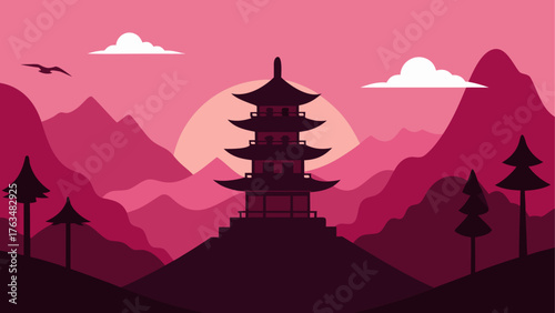 Silhouette of a pagoda with mountains and sunset