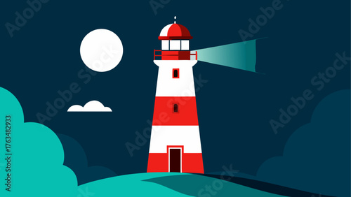 Lighthouse at night with moon and clouds illustration