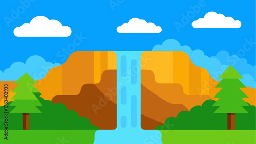 Cartoon landscape with waterfall and trees artwork