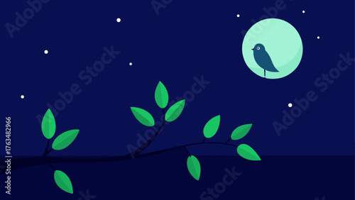 Bird perched on moonlit branch under starry sky