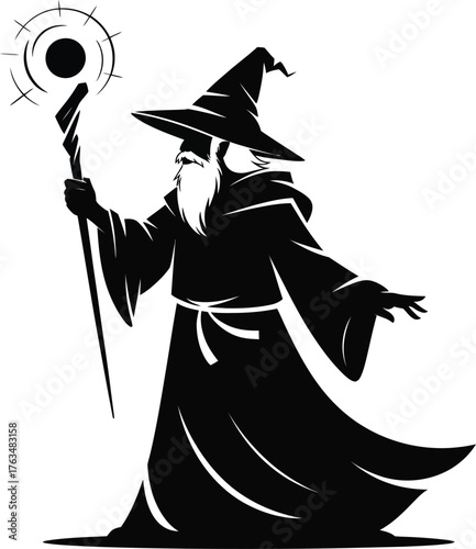 Mystical wizard with magic staff and flowing robe silhouette