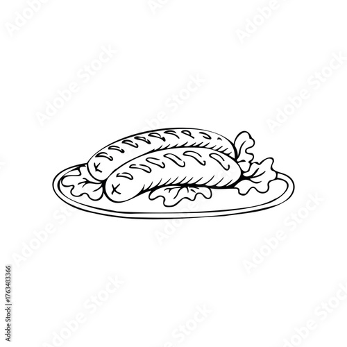 Cooked sausages thin black lines on white background - Vector illustration