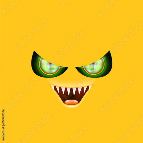 Orange monster face with gleaming green eyes and huge fangs emerges. Happy Halloween backdrop for your spooky holiday card designs with orange monster face