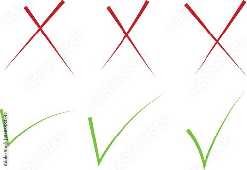 Hand Drawn Style Red X Marks and Green Check Marks Vector Icons Set, Correct and Wrong Symbols for Voting, Tests, and Checklist Design