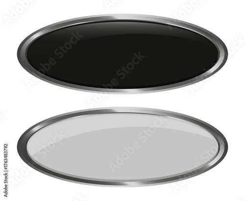 Oval black button. Glossy metallic Vector. Silver frame element. Website push button.