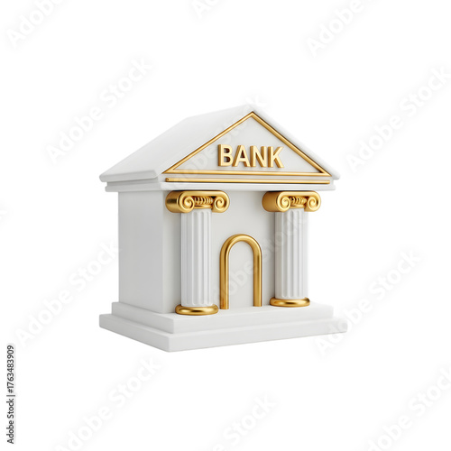 White bank building with gold accents isolated on transparent background