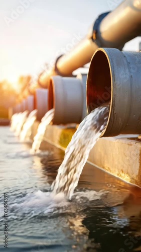 Water flows from metal pipes into a calm body of water under a bright sky. The scene captures the essence of industrial water management.