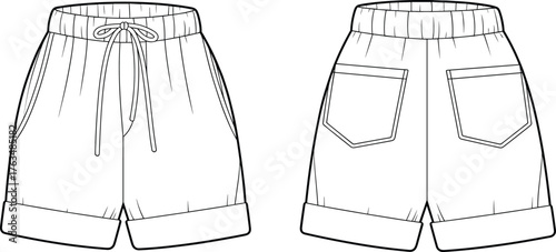 Women’s shorts vector illustration, front and back view with drawstring waist, side and back pockets, cuffed hem, fashion CAD flat sketch