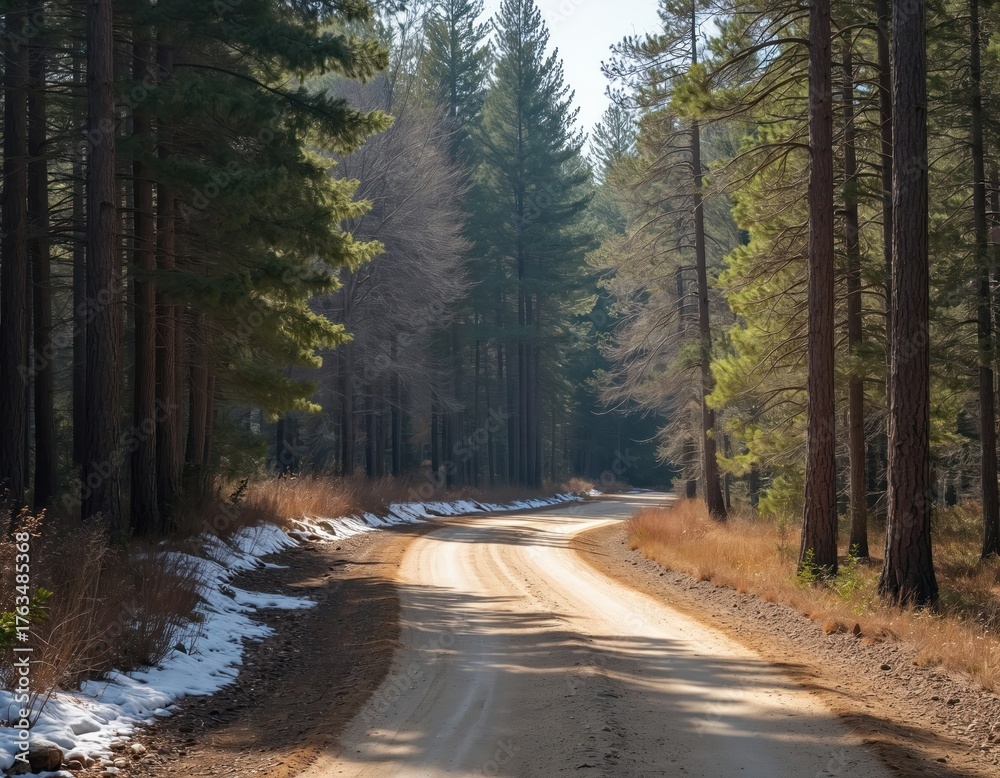 Obraz premium A forest road curves gently through the trees. Some snow lays on the side. The trees have varying shades of green. A natural landscape shows spring season scenery.