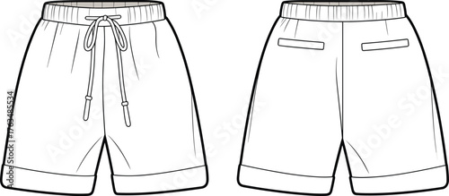 Women’s shorts vector illustration, front and back view with drawstring waist, welt pockets and cuffed hem, fashion CAD flat sketch